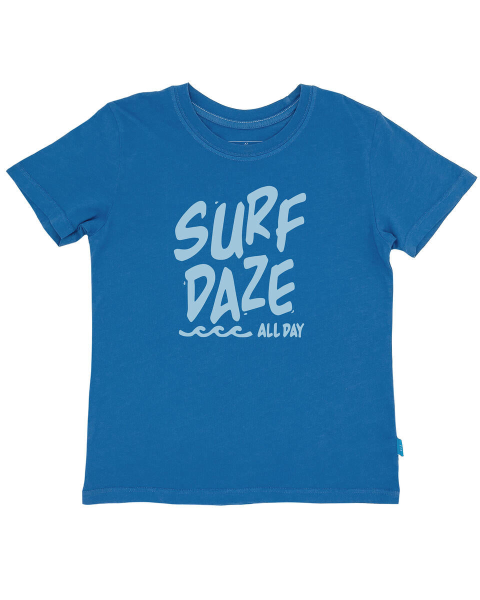Blue t-shirt with the words 'surf daze all day' with a wave underneath in blue