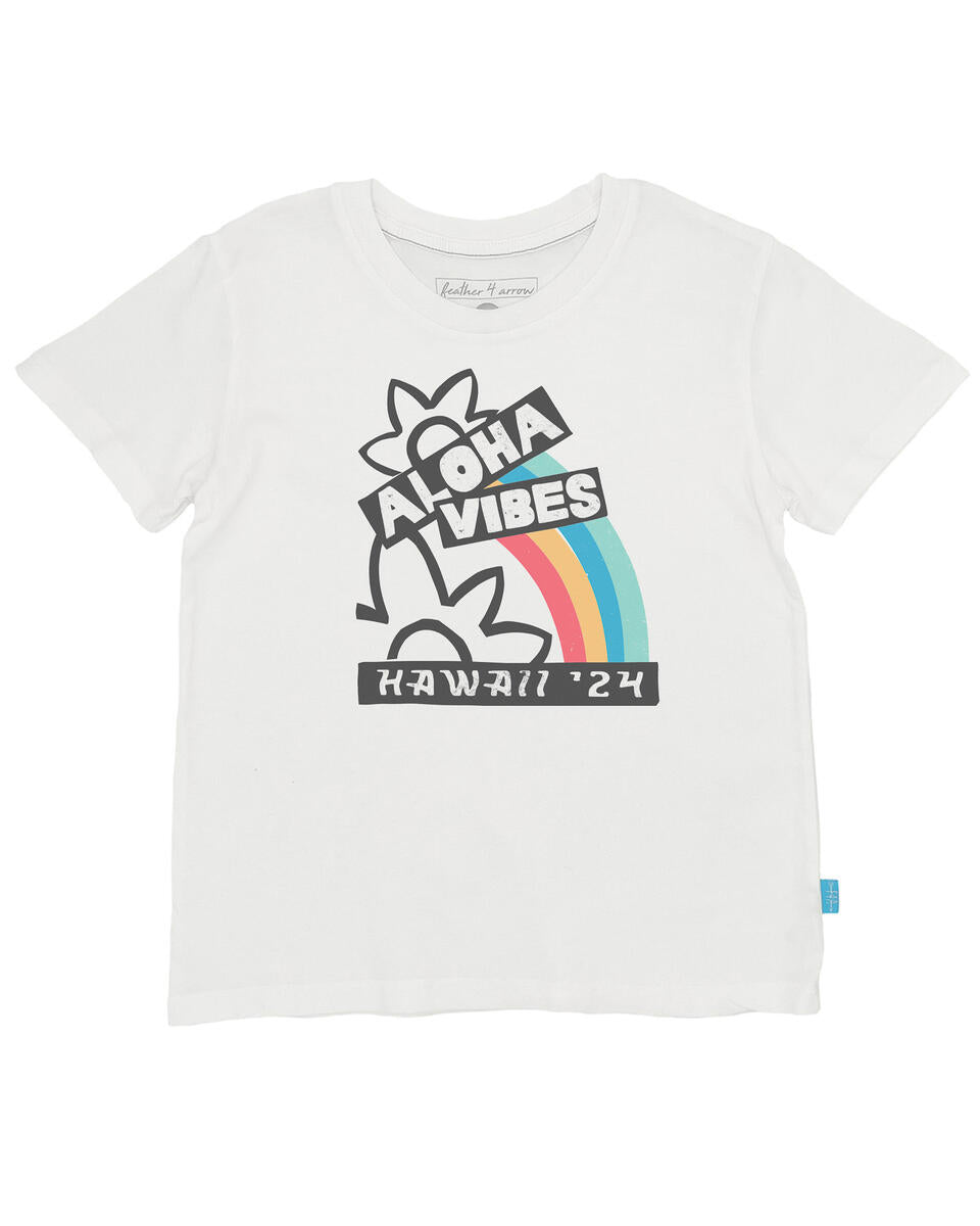White short sleeve t-shirt. Design print is 'Aloha Vibes' Hawaii 24 with a flower and rainbow
