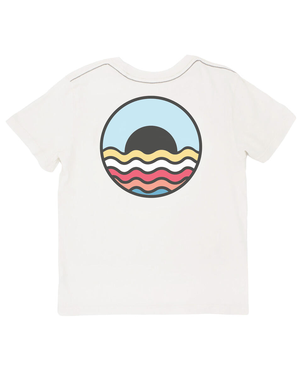 White t-shirt, on the back company logo in color