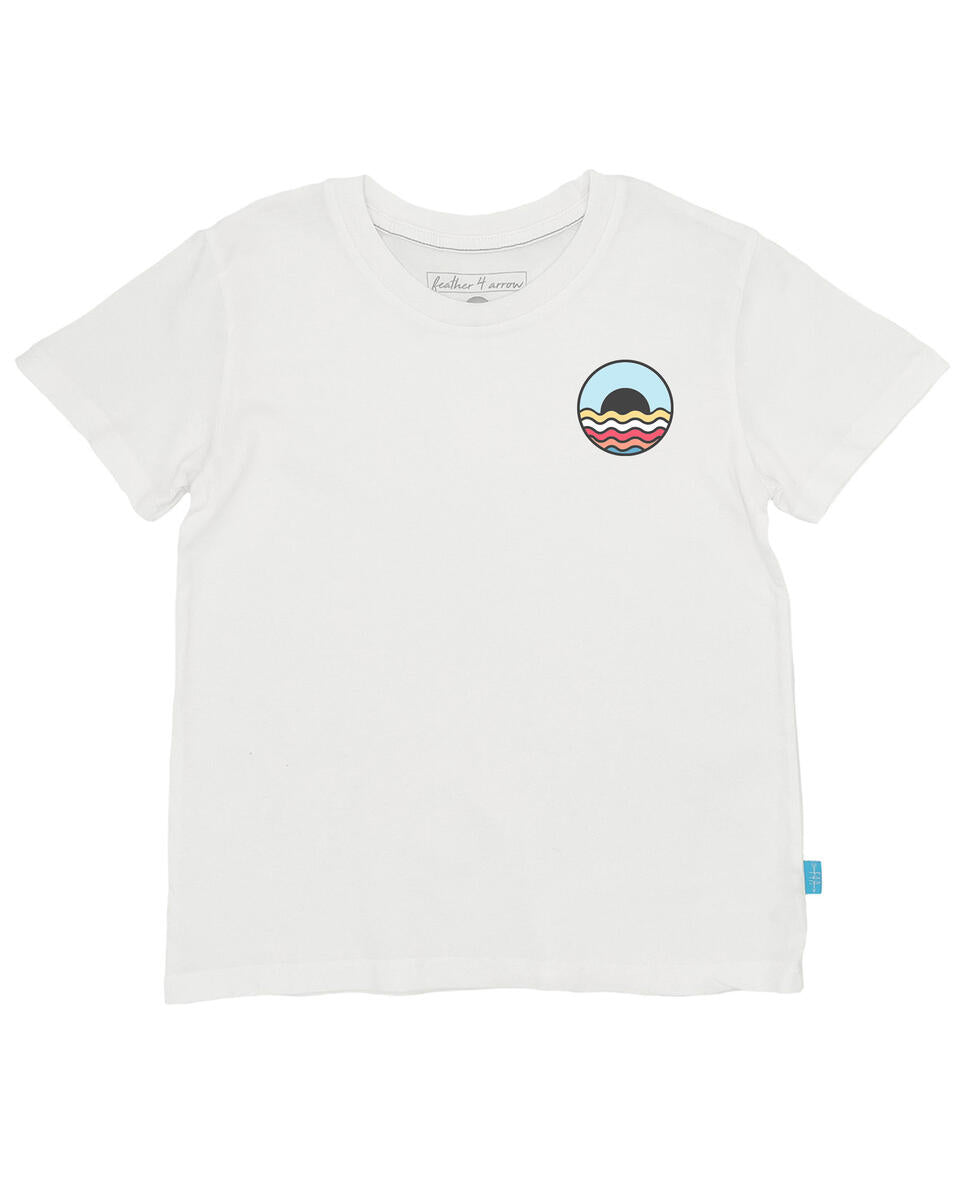 White short sleeve t-shirt. Company logo on the upper left corner in color