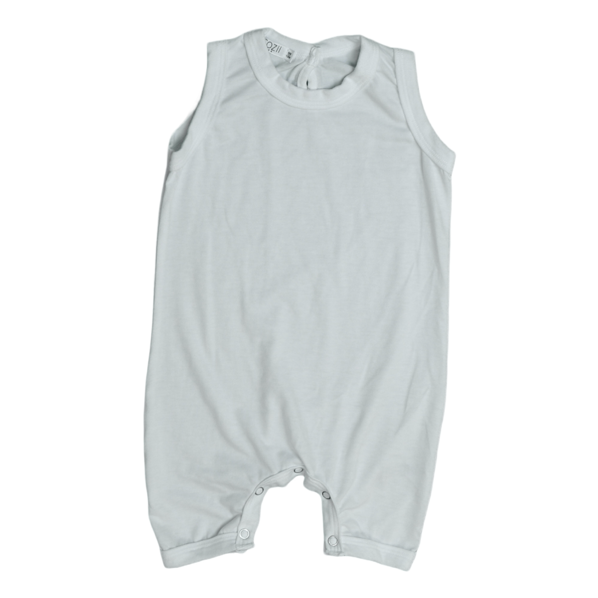 White sleeveless overalls for newborn baby with snaps on underneath