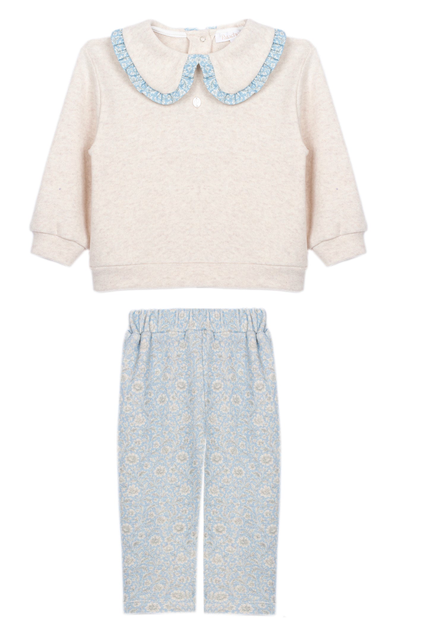 Patachou - Long Sleeve Collard Top & Floral Pants, Blue Garden