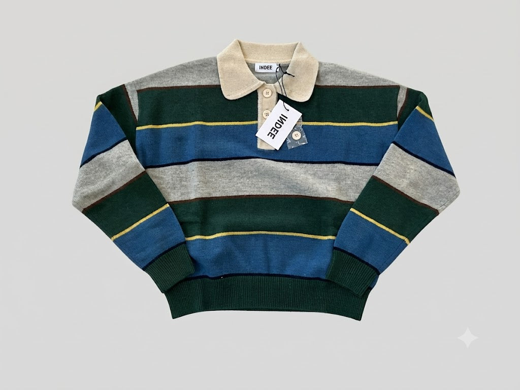 Indee - Wishes Multicolored Striped Polo Collar Pullover, Green