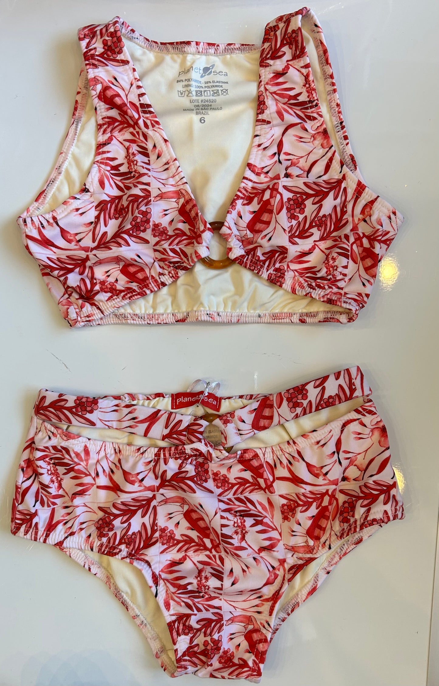 Planet sea red toucan 2pc bathing suit
