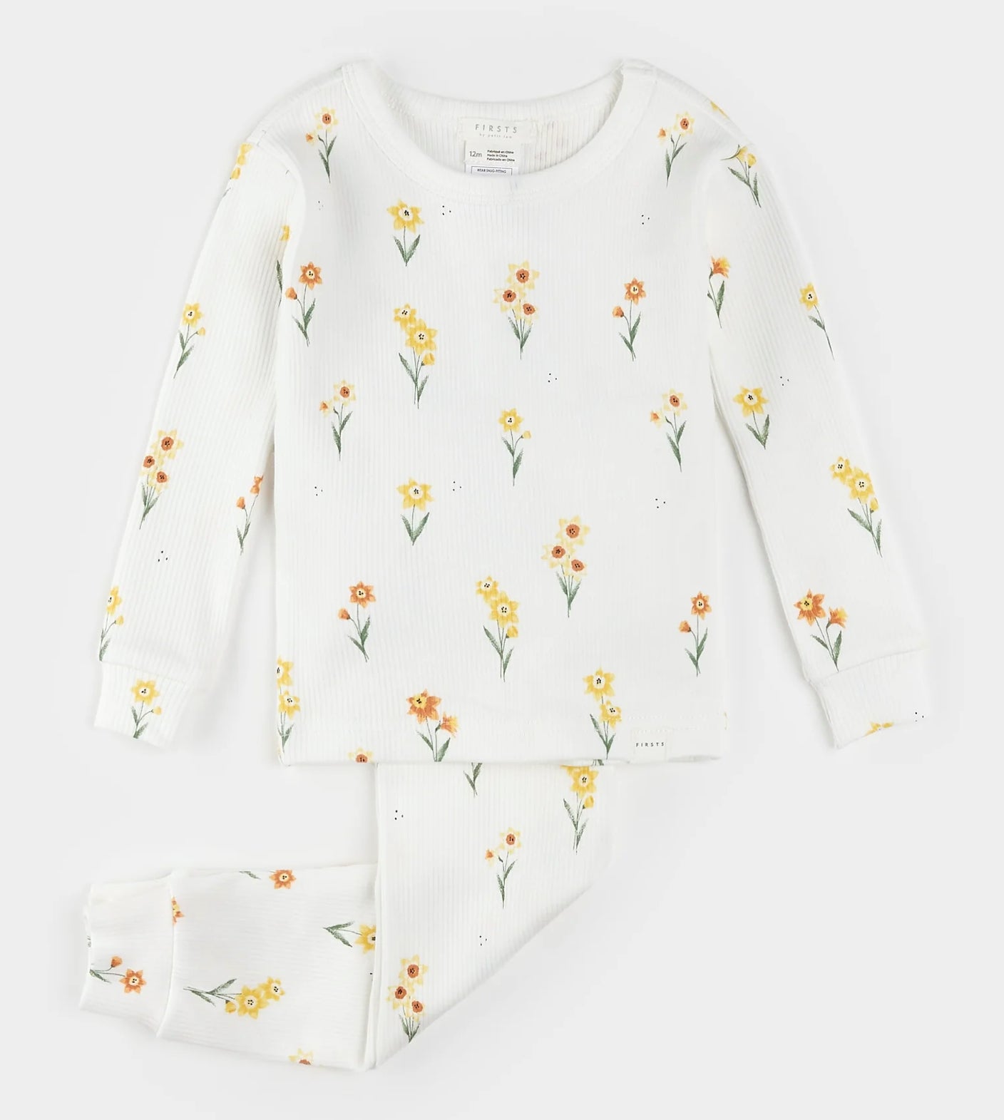 Petite lem yellow flowered Ribbed Off-White Infant PJ Set