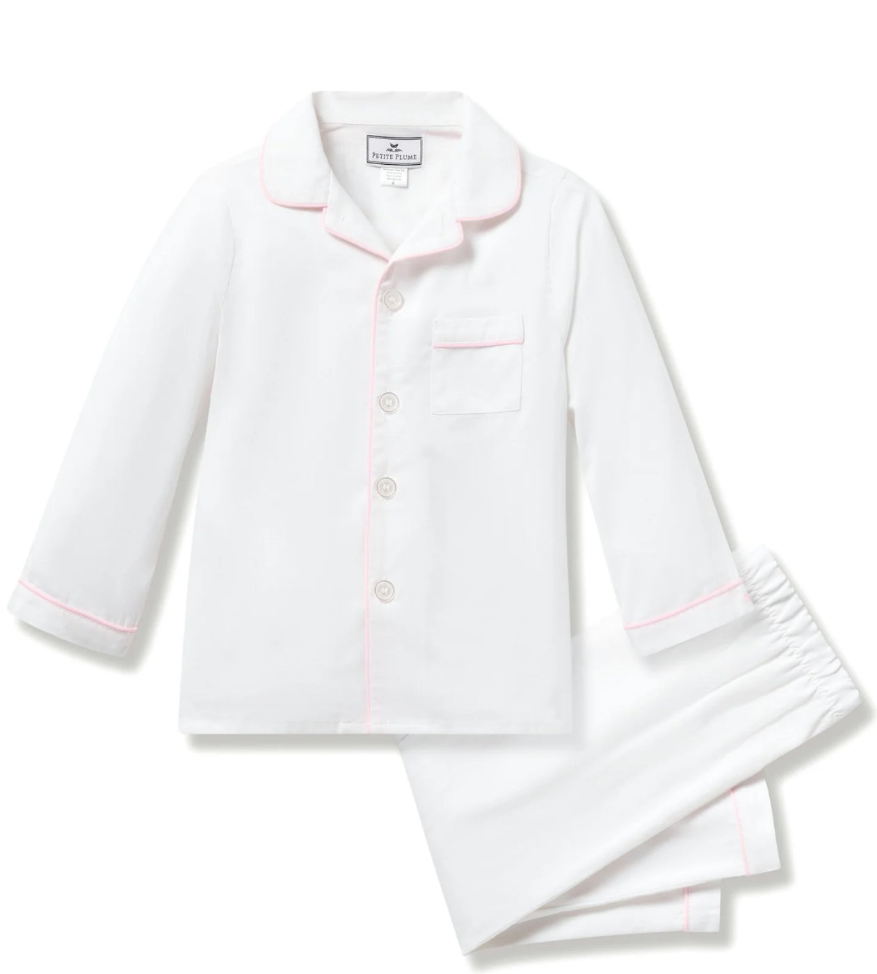 Petite Plume - Kid's Twill Pajama Set in White with Pink Piping
