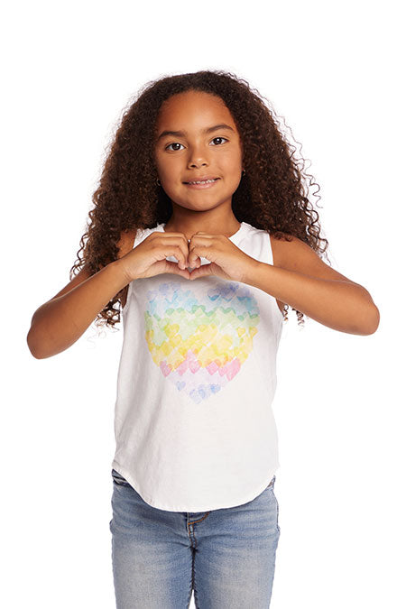 Model image of girl in a white tank with a heart in rainbow with a water color effect. Model is also making a heart with her hands
