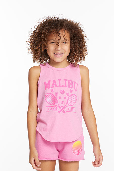 Model image of girl in a bubble gum pink tank with the word Malibu printed on the front and tennis raquets