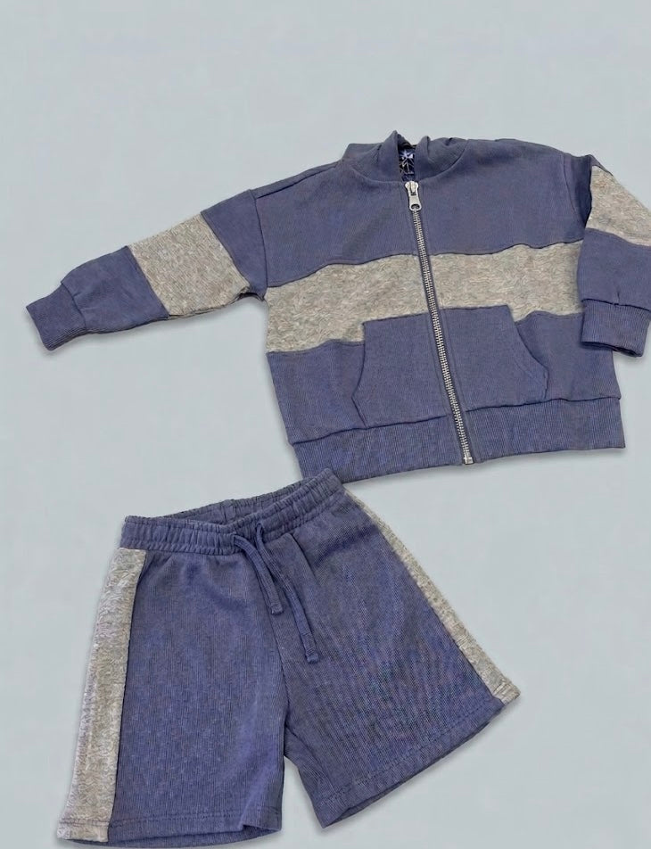 Chaser - Color Block Paxton Zip Up Hoodie & Wide Leg Shorts, Violet Frost