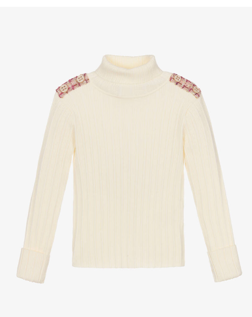 Patachou - Ivory Turtleneck with Pink Details, Ecru