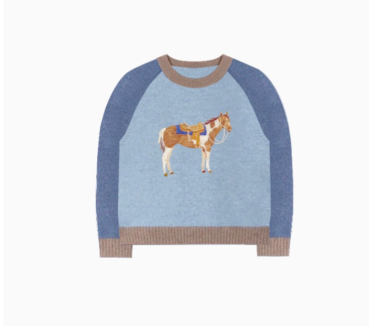 Patachou - Long Sleeve Sweater Top with Embroidered Horse, Blue