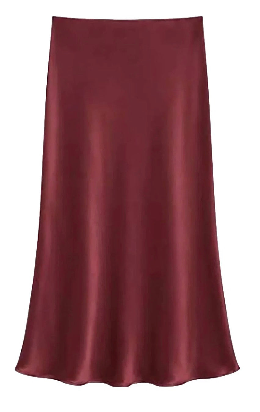 KATIE J - TWEEN ANASTASIA SOLID SATIN MAXI SKIRT, BURGUNDY