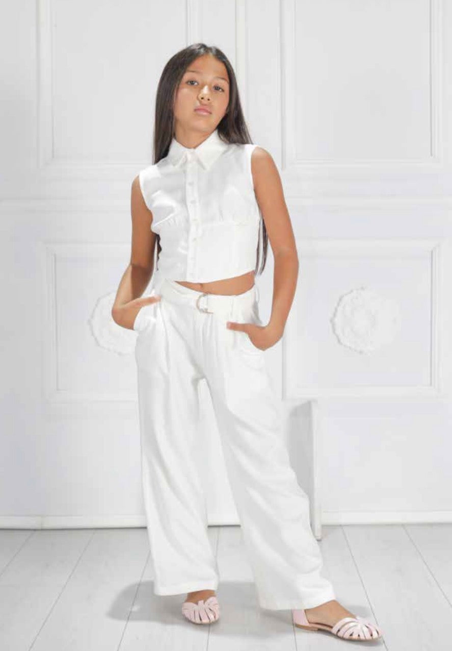 FUNFUN - Girls Collared Sleeveless Top & Wide Leg Pants, White