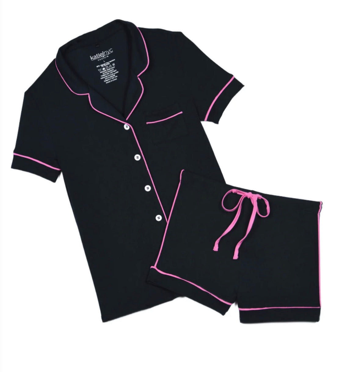 Katie J - Lynn Short Sleeve Lounge Set, Black/Neon Pink