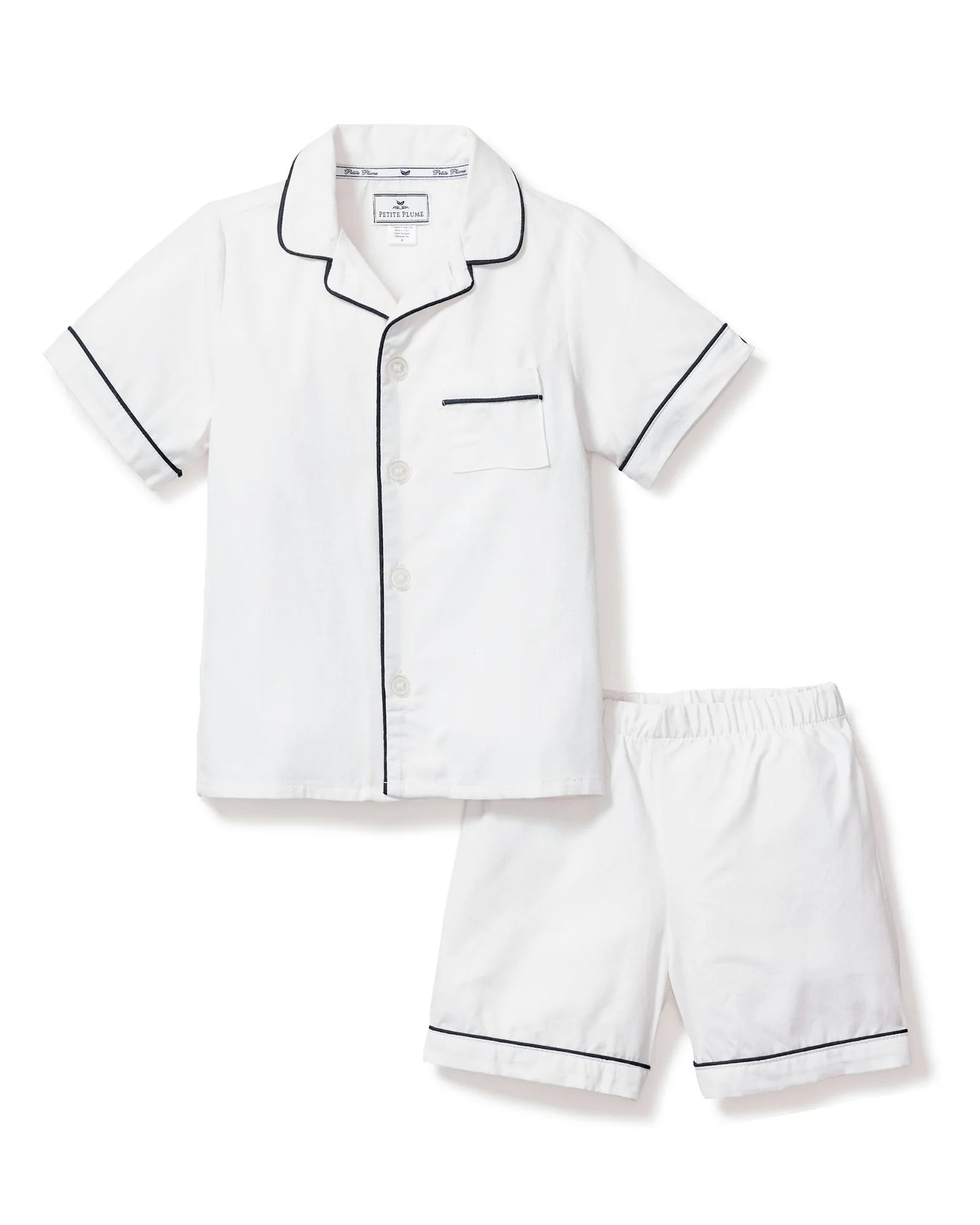 Petite Plume - Kid's Twill Pajama Short Set in White with Navy Piping