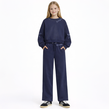 Vintage Havana - Puff Print Bow Sweatshirt & Sweatpants, Navy