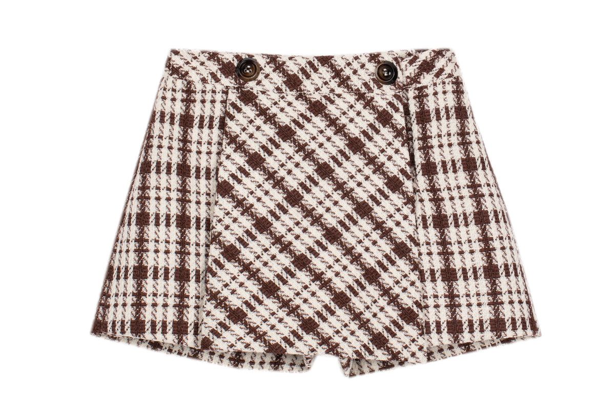 Patachou - Long Sleeve Braided Sweater Top & Skirt, Ecru/Chocolate Plaid