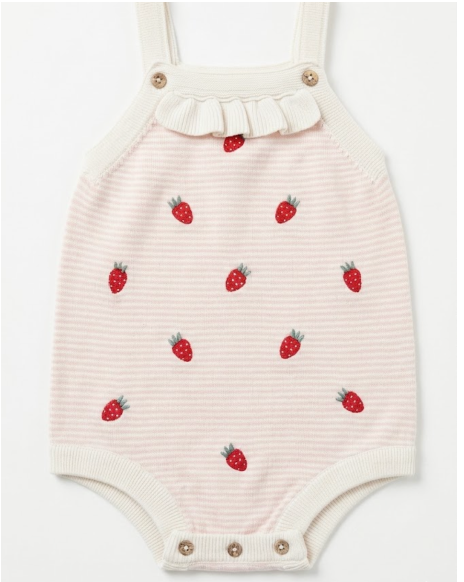 Viverano - Strawberry Embroidered Knit Baby Ruffle Romper Set, Sweet Cream