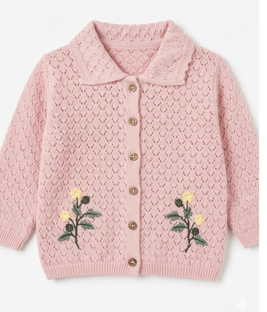 Viverano - Lily Floral Textured Baby Knit Collar Cardi Shirt, Baby Pink