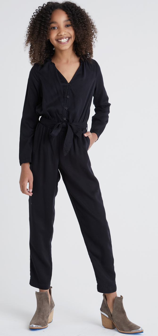 Bella Dahl Girls Navy Ruffle Neck Jumpsuit