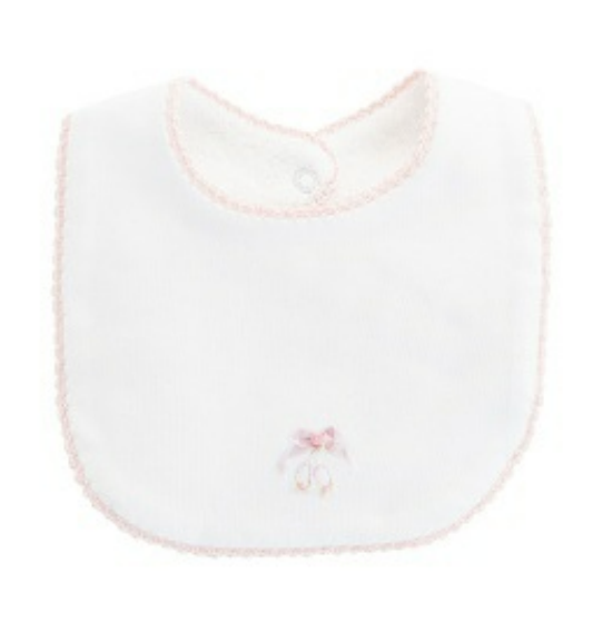 Baby bib in white with a pink trim and an image of ballet shoes