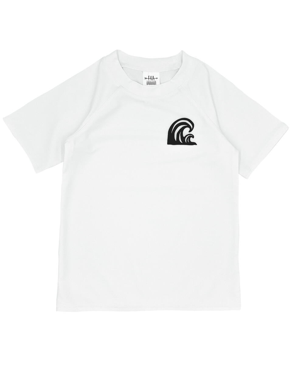 White short sleeve rashguard with a wave design on the upper left front chest