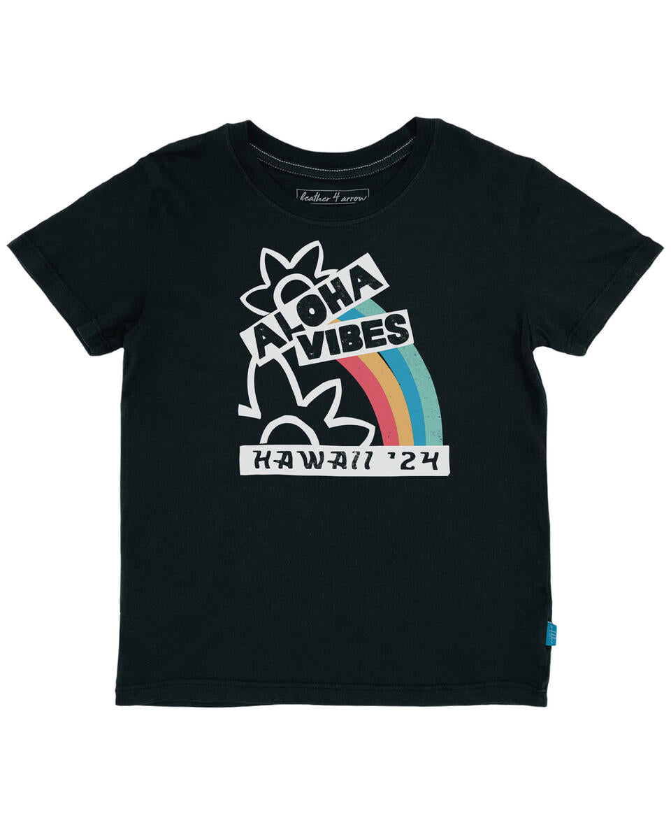 Black short sleeve t-shirt. Design print is 'Aloha Vibes' Hawaii 24 with a flower and rainbow