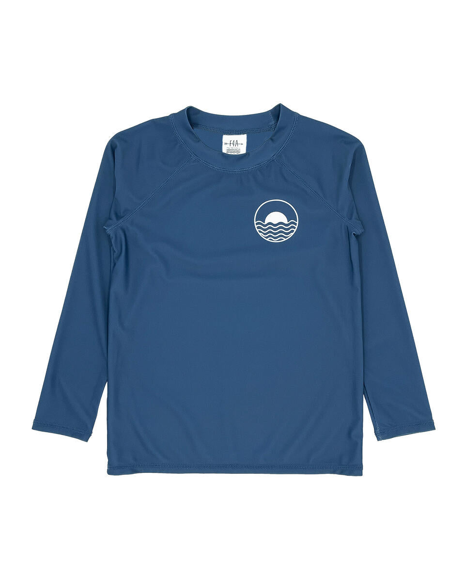 Navy long sleeve rashguard. Upper left corner on the front of the shirt has a sun rise with waves.