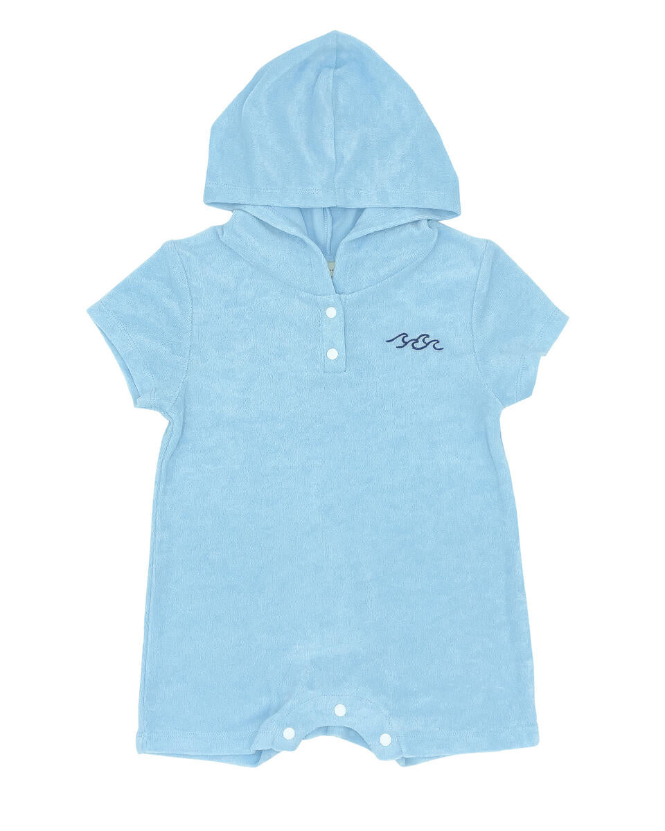 Baby terrycloth light blue romper for the beach with a hood.