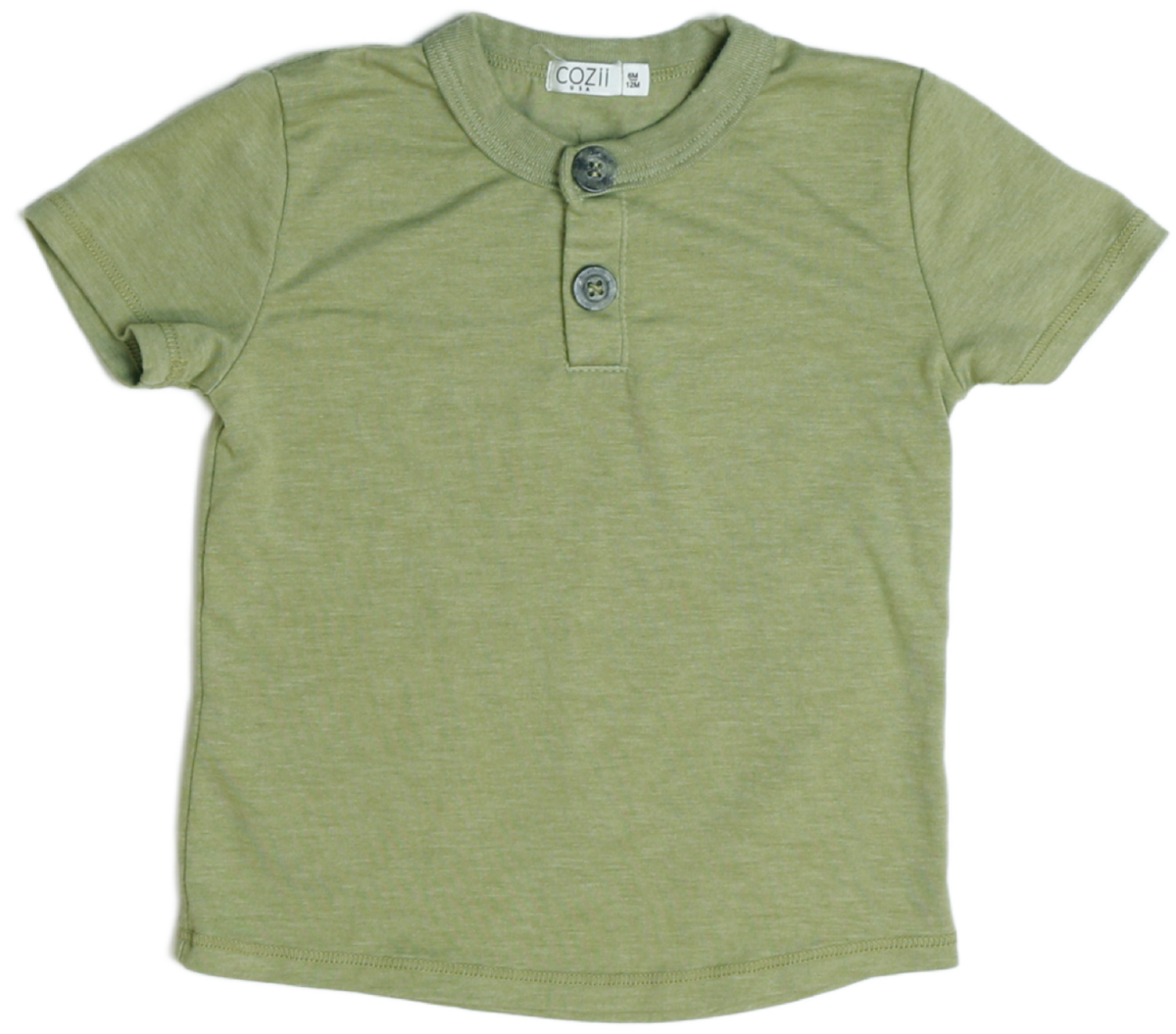 Sage green henley t-shirt, short sleeves with two buttons