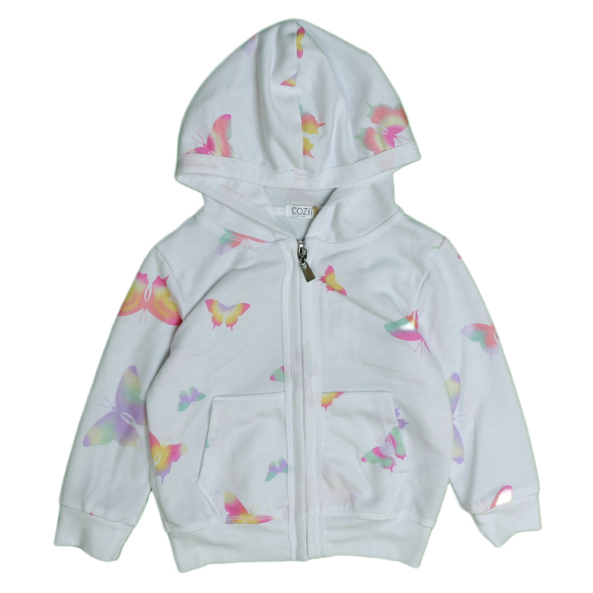 White zip up hoodie with multi color butterflies all over