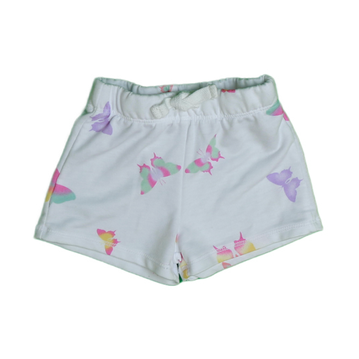 White shorts with multi color butterflies all over