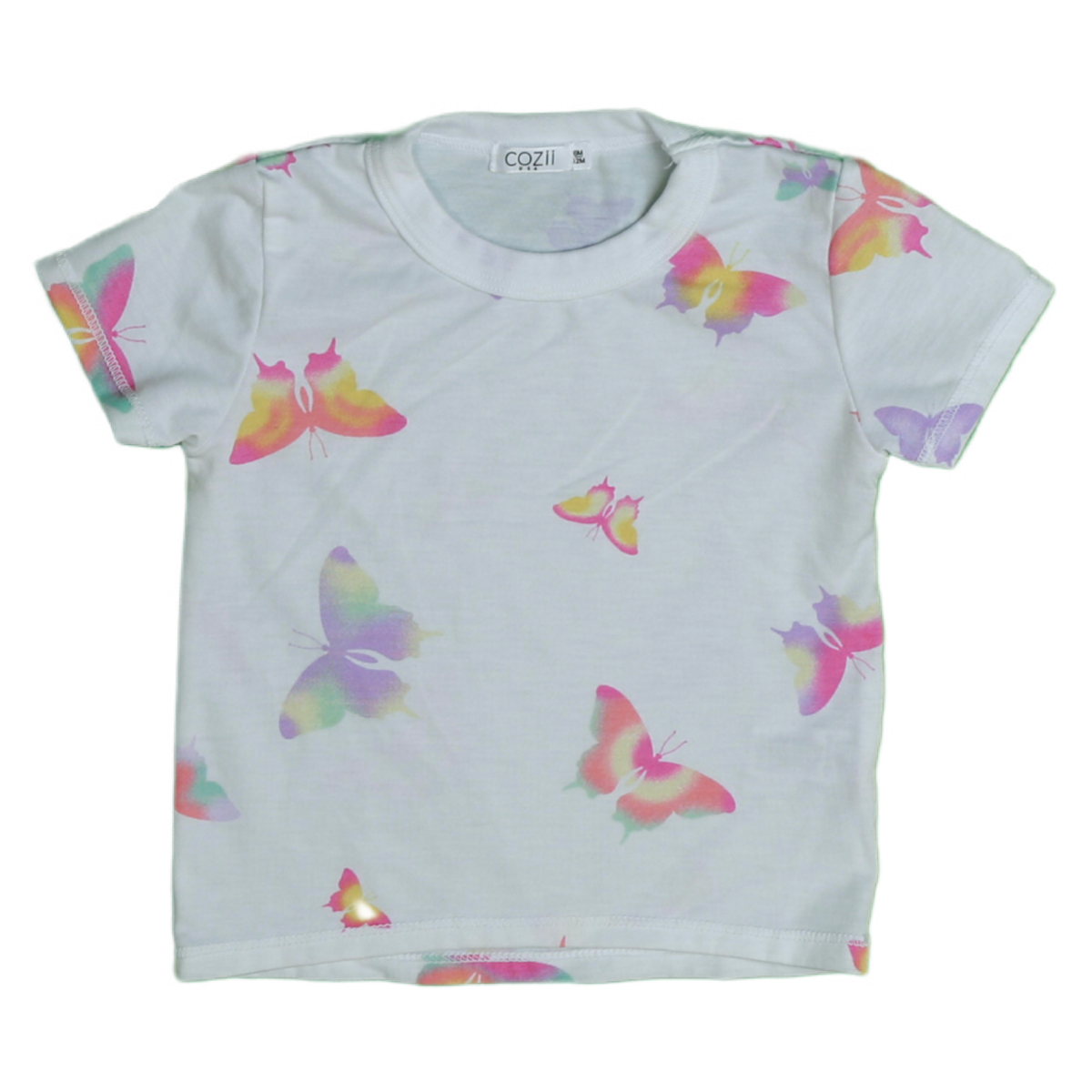 White t-shirt with multi color butterlfies all over