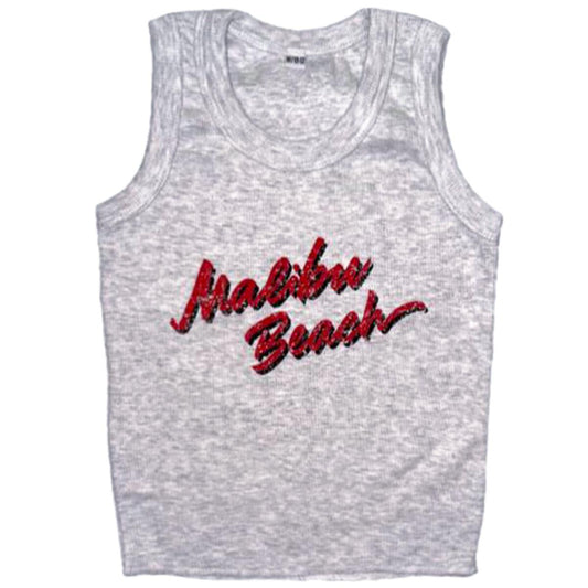 Grey tank that says Malibu Beach in red