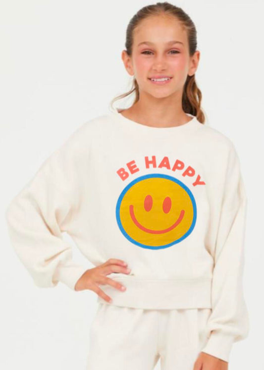 Model image of crewneck swseatshirt with 'be happy' and a smiley face on the front