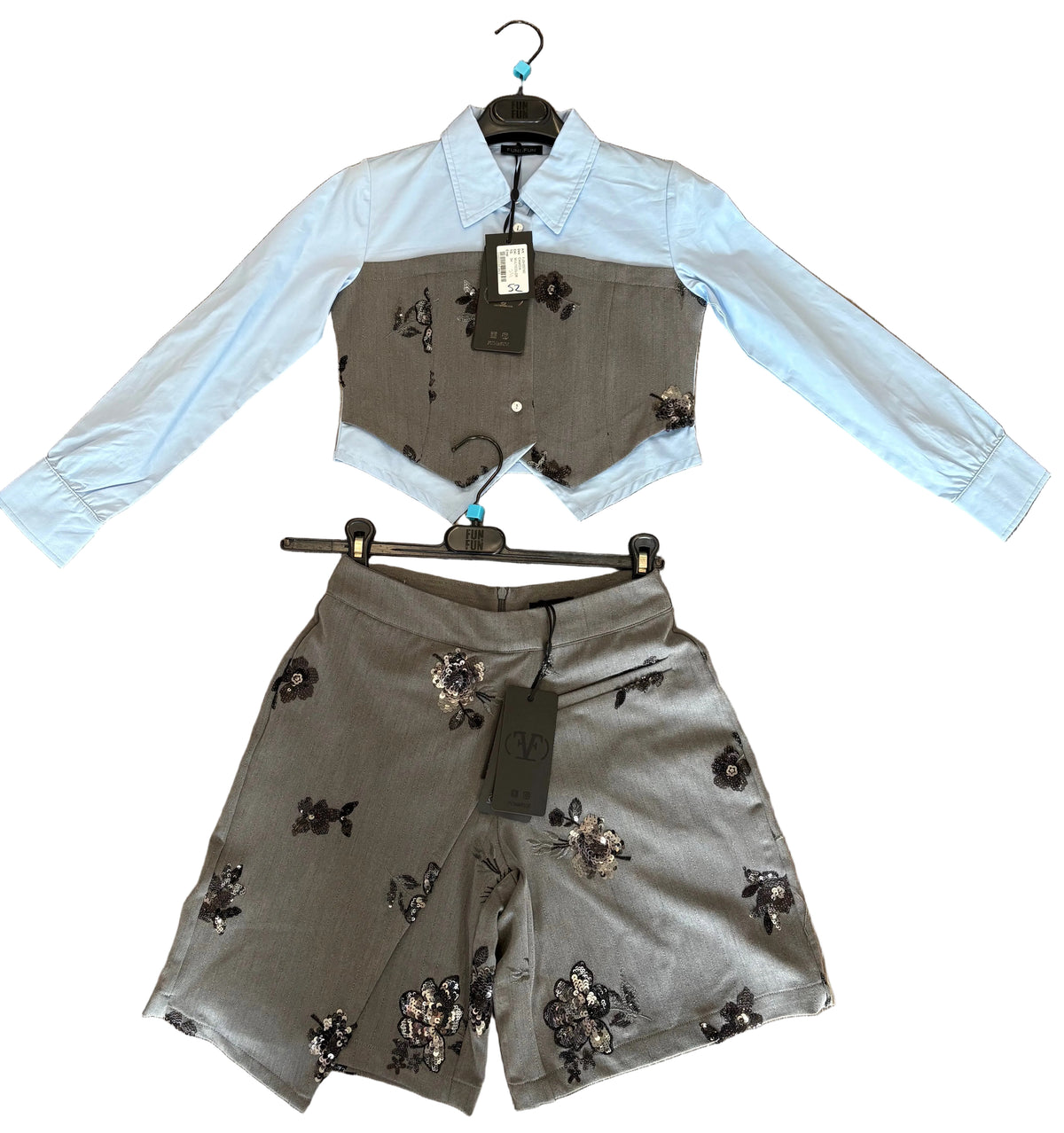 FUNFUN - Multicolor Top & Grey Shorts Set