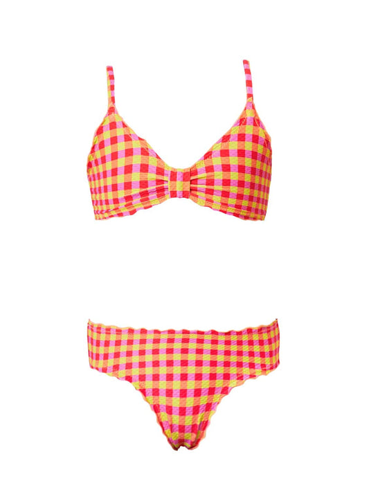 Yellow and red gingham printed bikini 