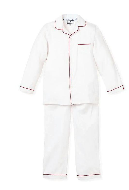 Petite Plume - Kid's Twill Pajama Set in White with Red Piping