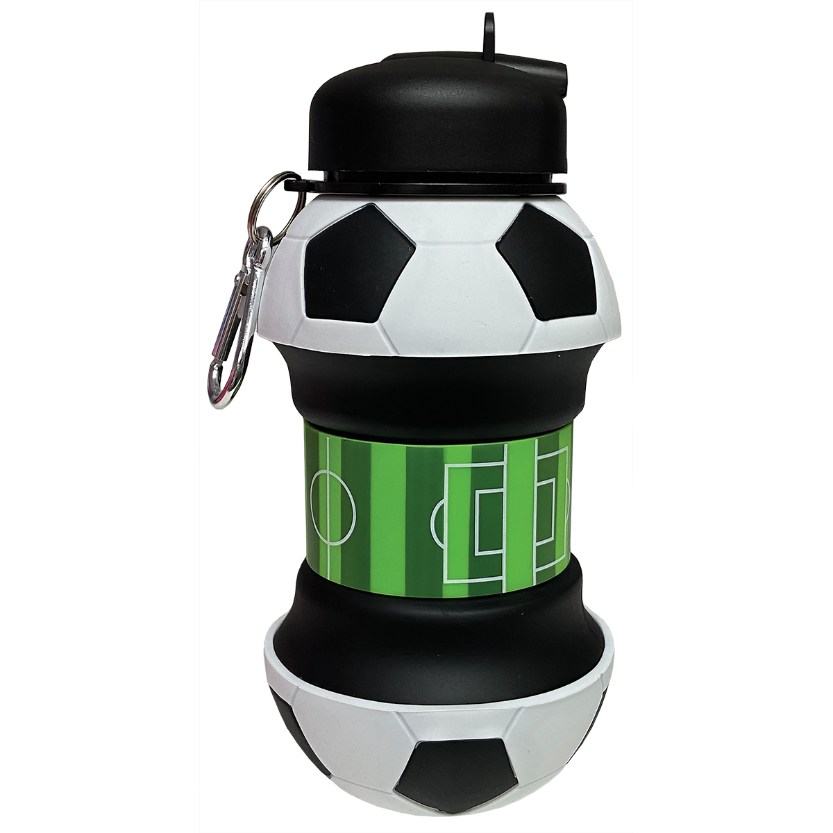 Soccer ball collapsible water bottle, soccer field design in the middle when water bottle is expanded