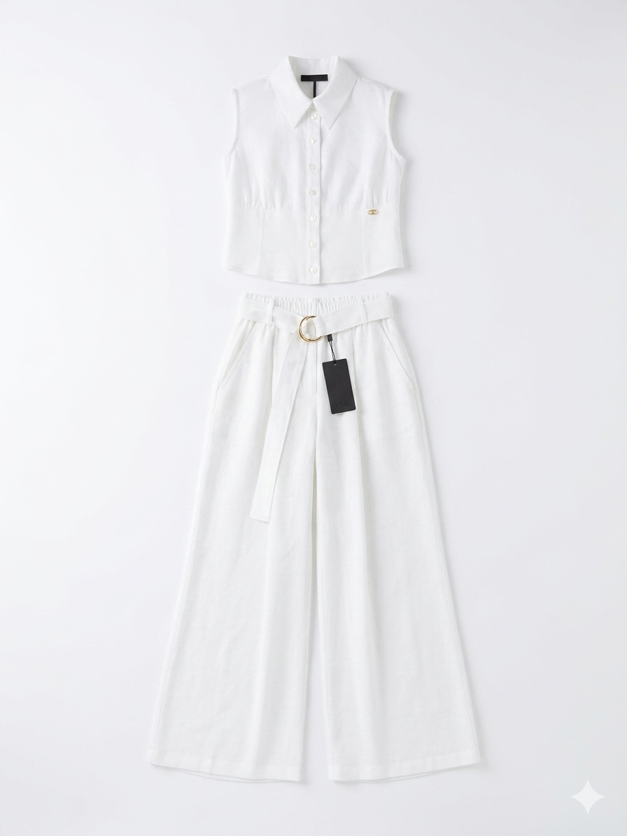 FUNFUN - Girls Collared Sleeveless Top & Wide Leg Pants, White