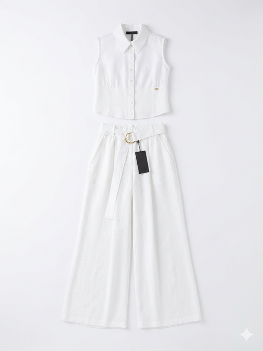FUNFUN - Girls Collared Sleeveless Top & Wide Leg Pants, White