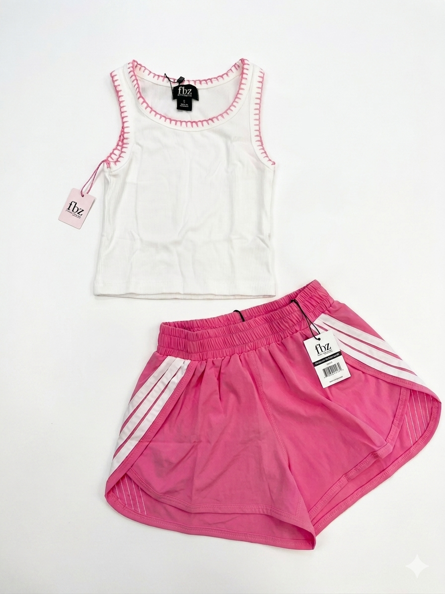 FBZ - WHITE TANK SHORTS SET WITH PINK CROCHET