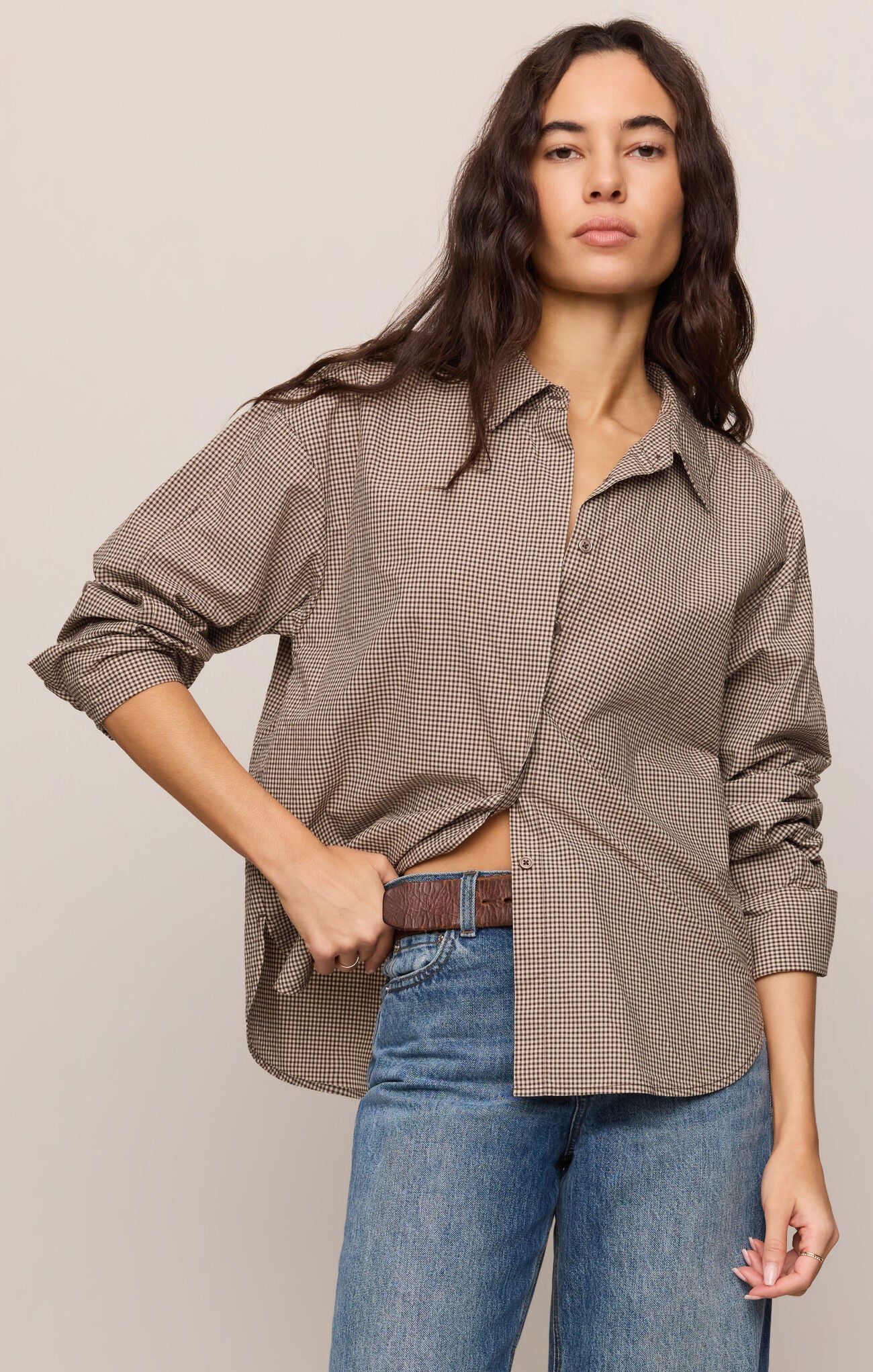 Z Supply - On Duty Gingham Button Up Top, Dark Chocolate