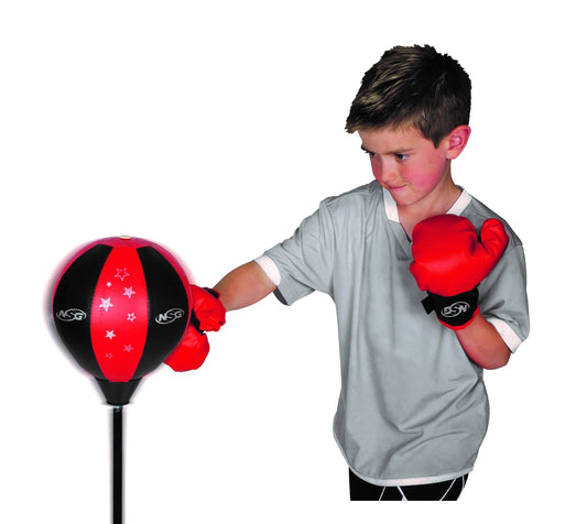 Model image of boy using the boxing gloves and ball.