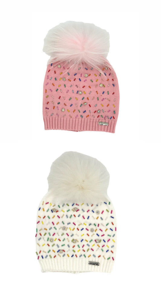 Bari lynn sprinkle jeweled hat with fur Pom