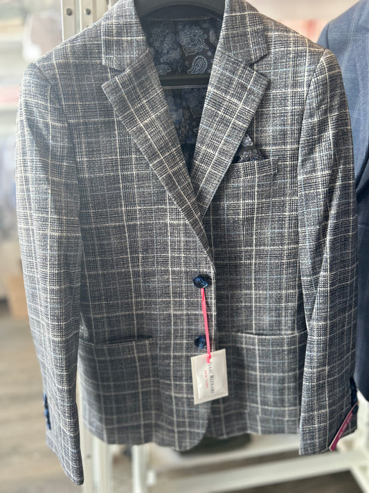 Isaac Mizrahi chambray plaid blazer gray BL2750