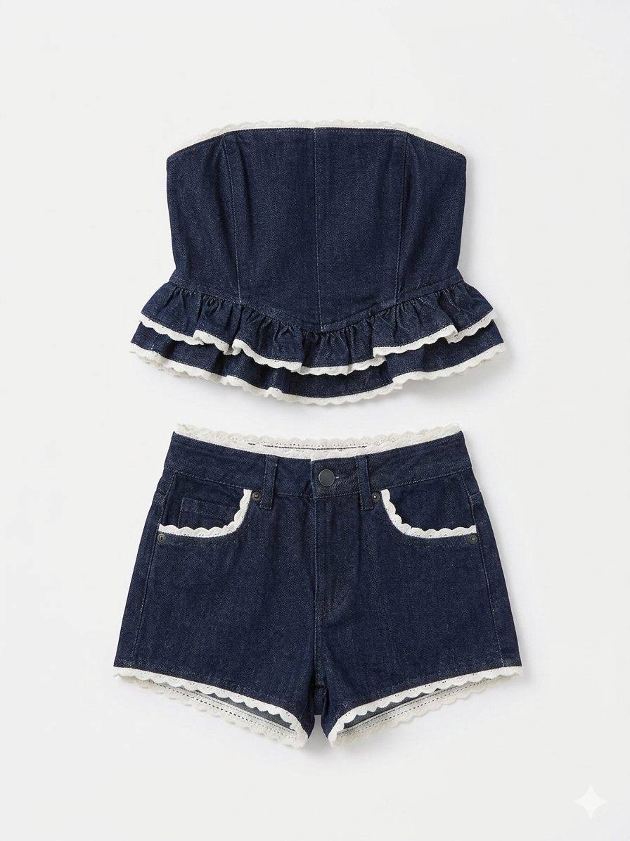 Katie J - Kauai Lace Trimmed Denim Bustier Top and Short, Dark Wash