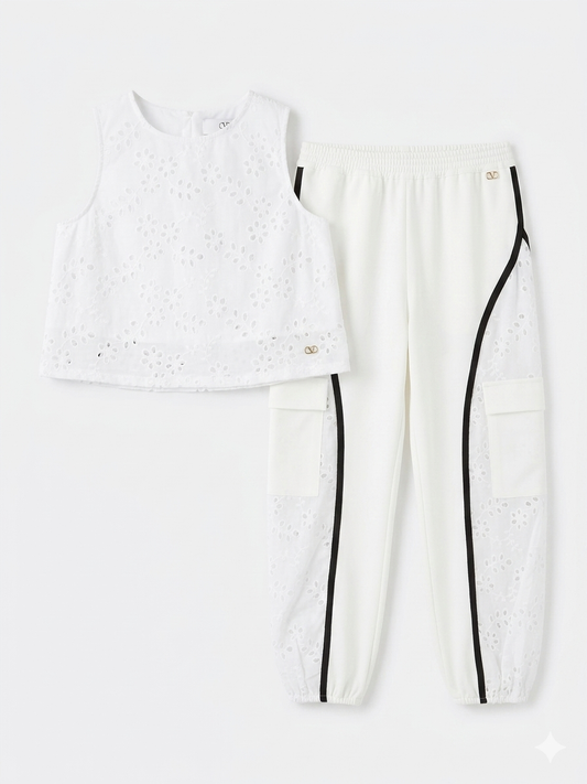 FUNFUN - Girls Cropped Tank Top & Baggy Pants, White