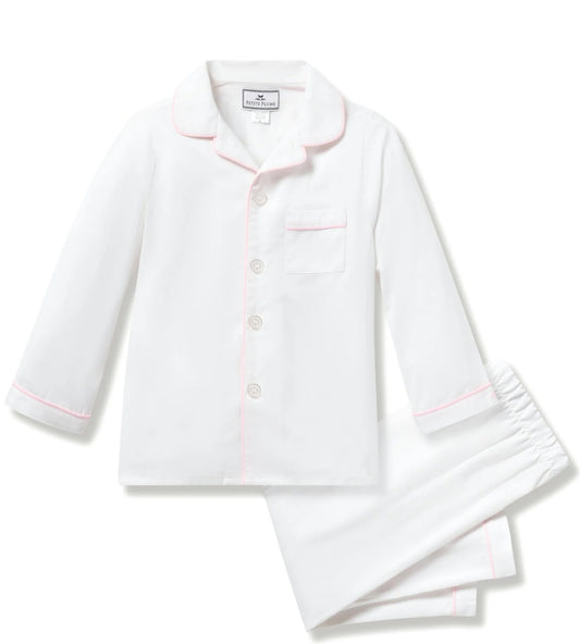 Petite Plume - Kid's Twill Pajama Set in White with Pink Piping