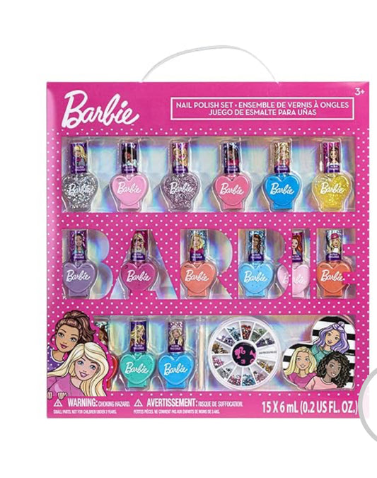 Townley Girl Barbie Movie 18 Piece Set Kids Water-Based Nail Polish Set, Includes Nail Polish, Nail Gems, Nail File for Age 3+, Parties Birthday
